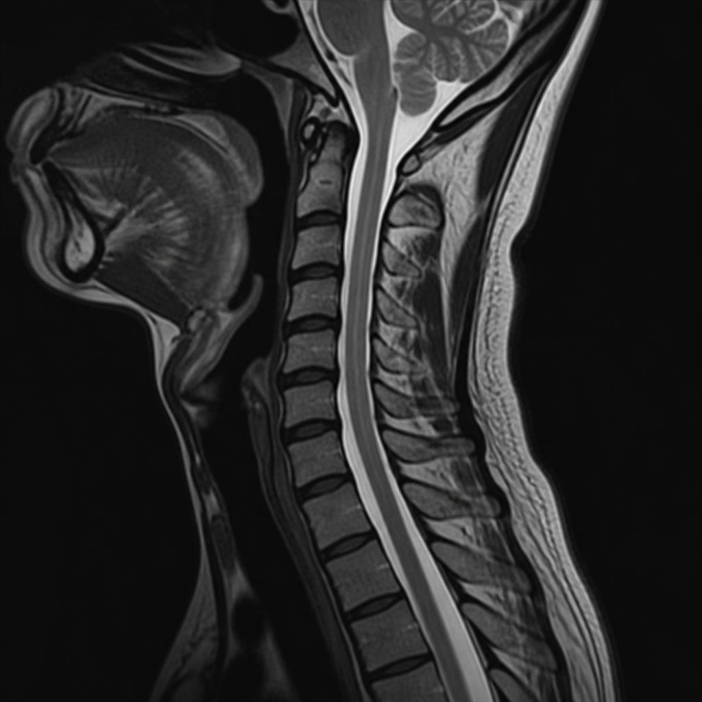 Cervical spine MRI after decompression showing improved disc spacing