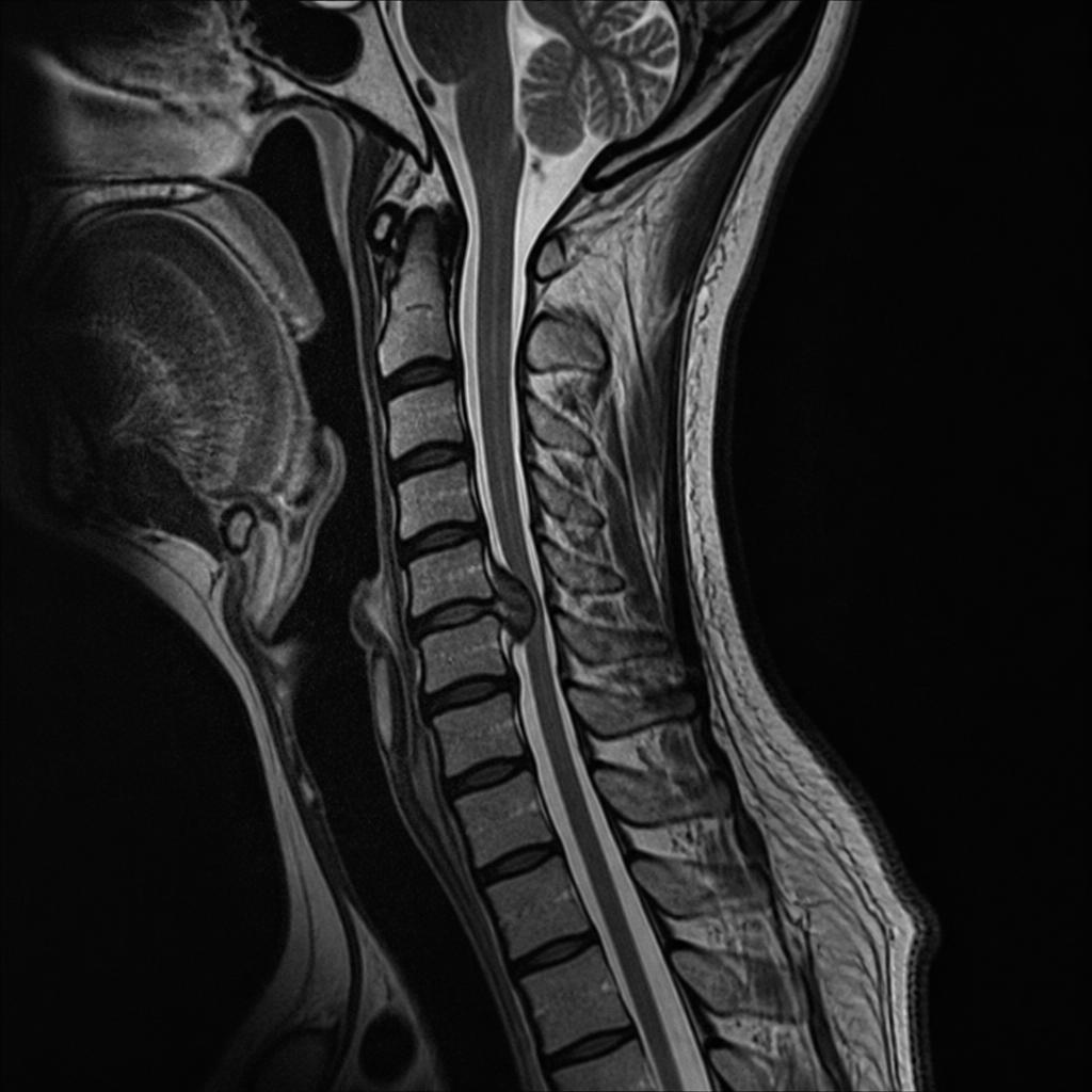 Cervical spine MRI before decompression showing disc compression